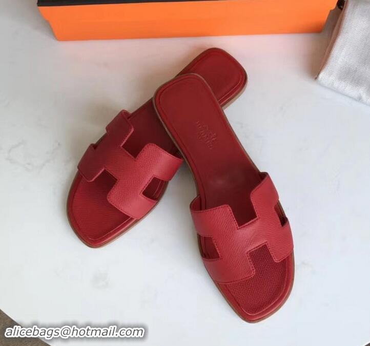 Top Quality Hermes Oran Flat slippers in epsom leather red H701025