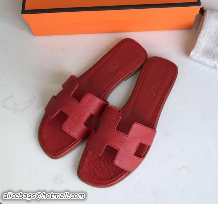 Top Quality Hermes Oran Flat slippers in epsom leather red H701025