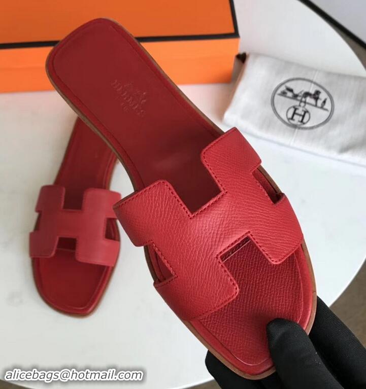 Top Quality Hermes Oran Flat slippers in epsom leather red H701025