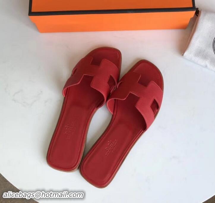 Top Quality Hermes Oran Flat slippers in epsom leather red H701025