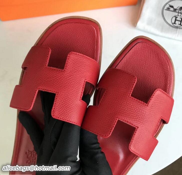 Top Quality Hermes Oran Flat slippers in epsom leather red H701025