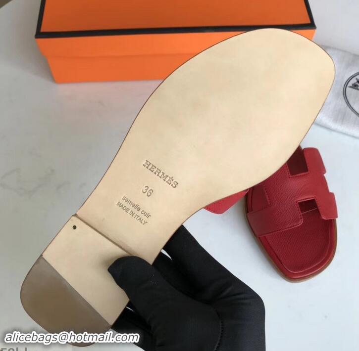 Top Quality Hermes Oran Flat slippers in epsom leather red H701025