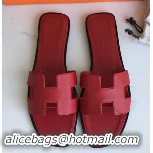 Super Quality Hermes Oran Flat slippers in epsom leather red with black piping H701026