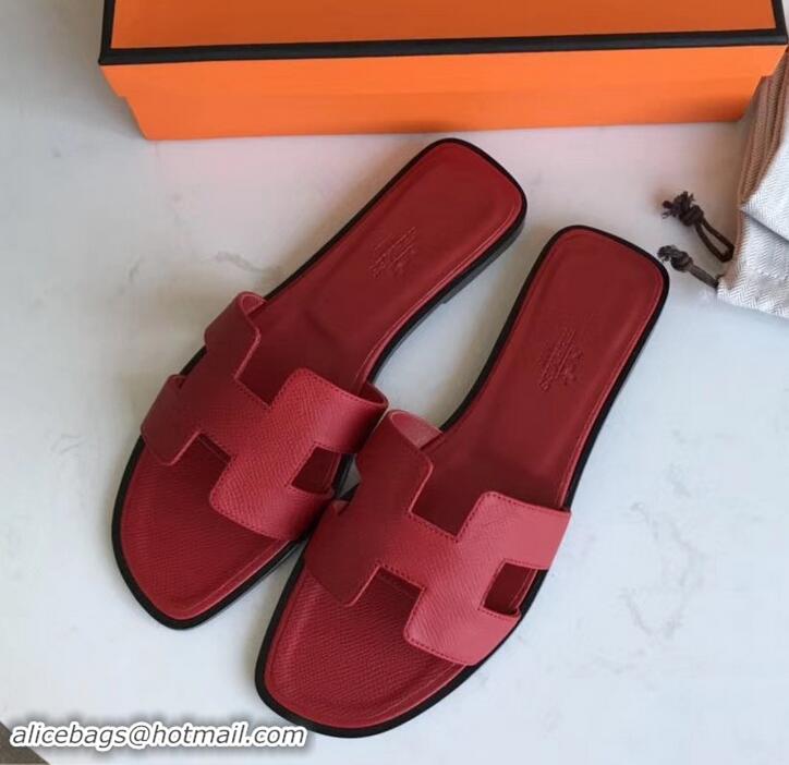 Super Quality Hermes Oran Flat slippers in epsom leather red with black piping H701026