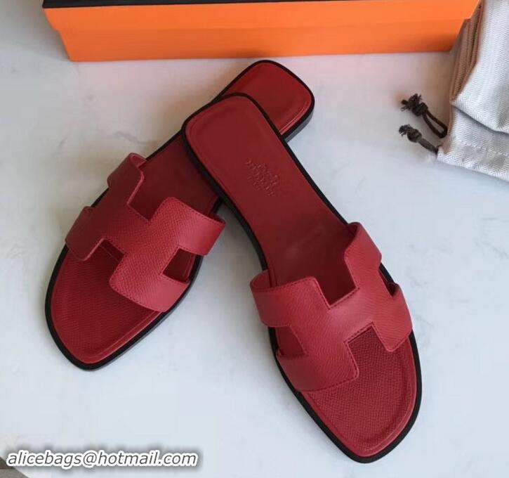 Super Quality Hermes Oran Flat slippers in epsom leather red with black piping H701026