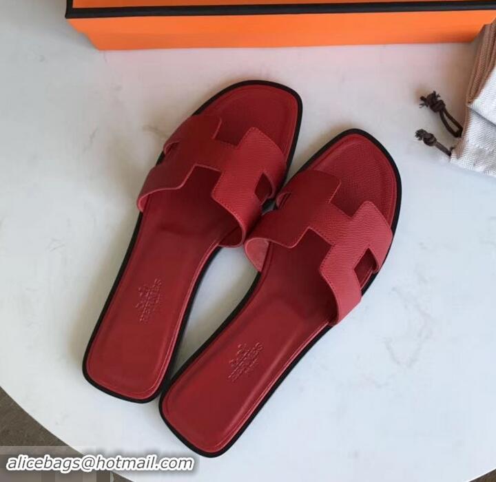 Super Quality Hermes Oran Flat slippers in epsom leather red with black piping H701026