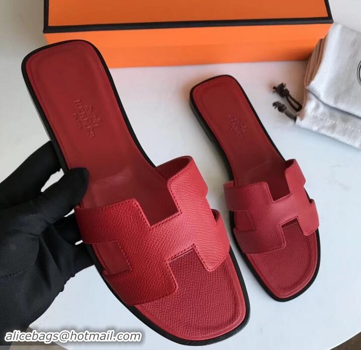 Super Quality Hermes Oran Flat slippers in epsom leather red with black piping H701026