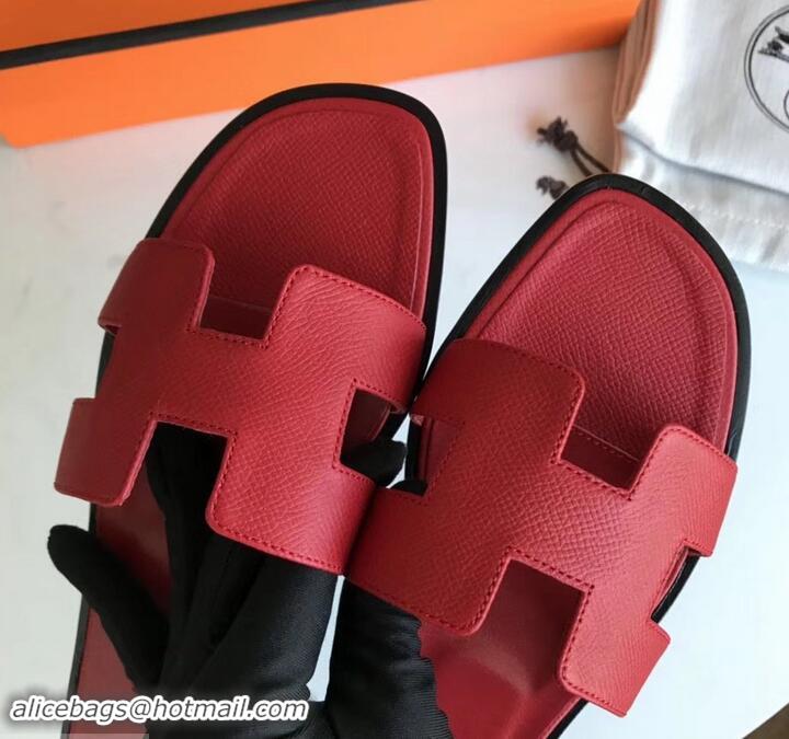 Super Quality Hermes Oran Flat slippers in epsom leather red with black piping H701026