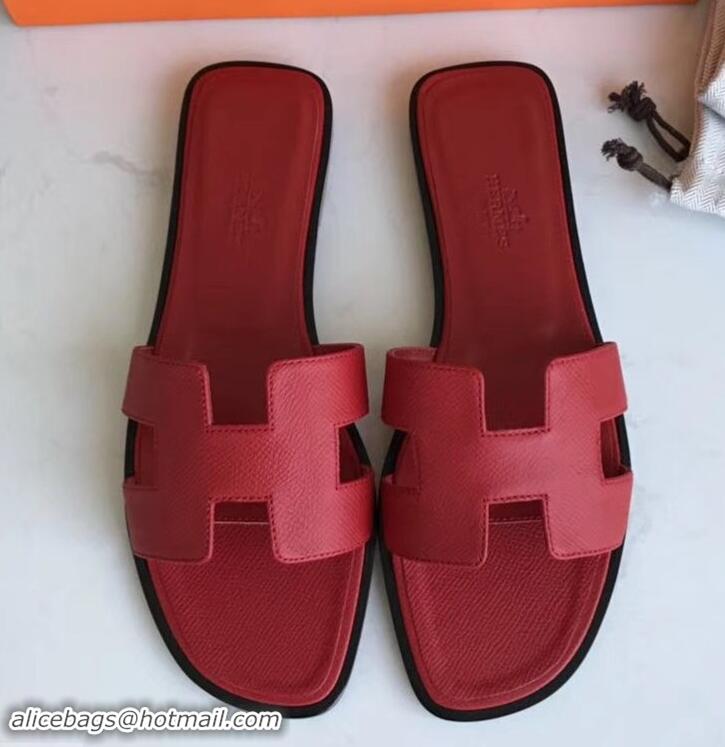 Super Quality Hermes Oran Flat slippers in epsom leather red with black piping H701026