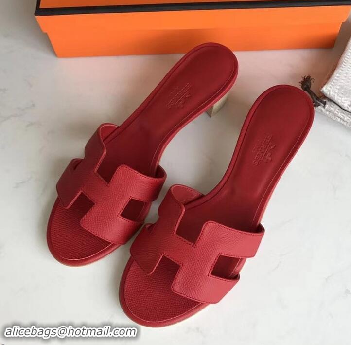 Low Cost Hermes Heel 5cm Oasis Slipper Sandals in epsom Leather red H701027