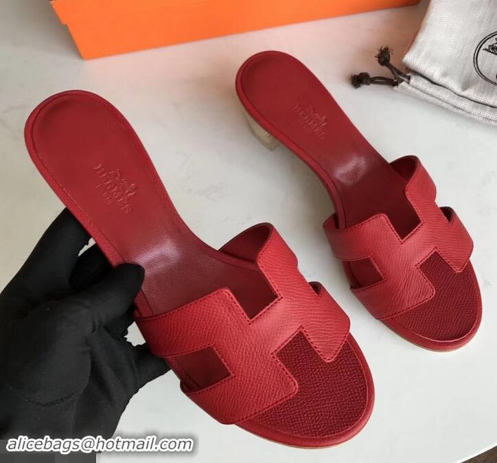 Low Cost Hermes Heel 5cm Oasis Slipper Sandals in epsom Leather red H701027