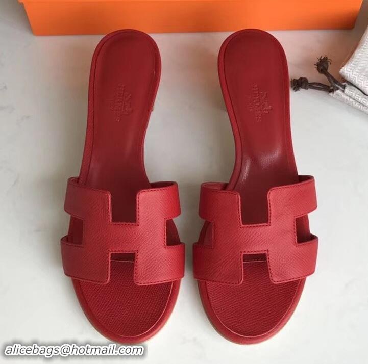 Low Cost Hermes Heel 5cm Oasis Slipper Sandals in epsom Leather red H701027