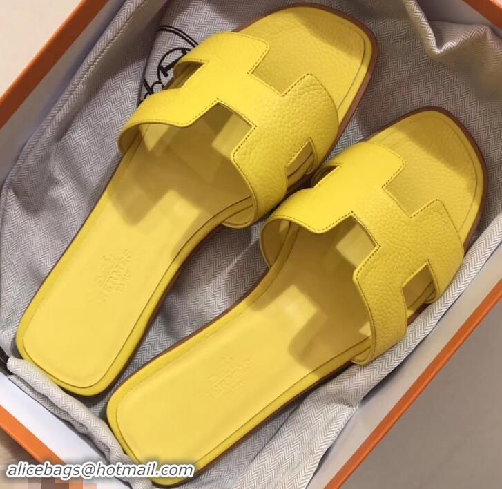 Discount Hermes Oran Flat Slipper Sandals in Togo Leather H701030 Yellow