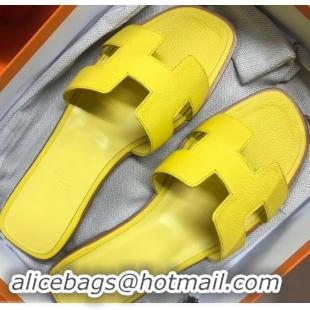 Inexpensive Hermes Oran Flat Slipper Sandals in Togo Leather H701030 Light Yellow