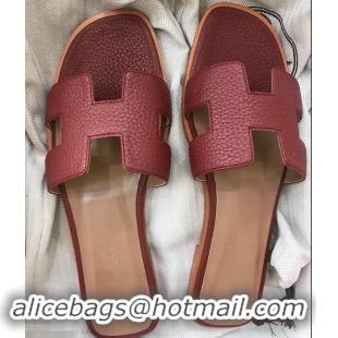 Luxury Hermes Oran Flat Slipper Sandals in Togo Leather H701030 Burgundy