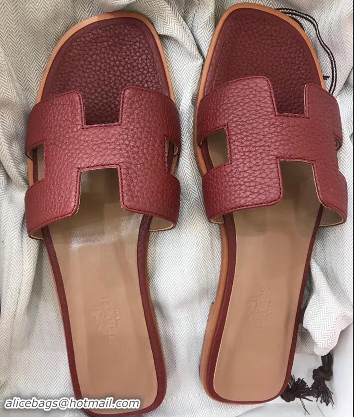 Luxury Hermes Oran Flat Slipper Sandals in Togo Leather H701030 Burgundy