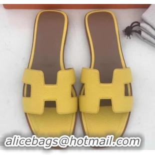 Good Quality Hermes Oran Flat Slipper Sandals in Togo Leather H701030 Yellow/Coffee