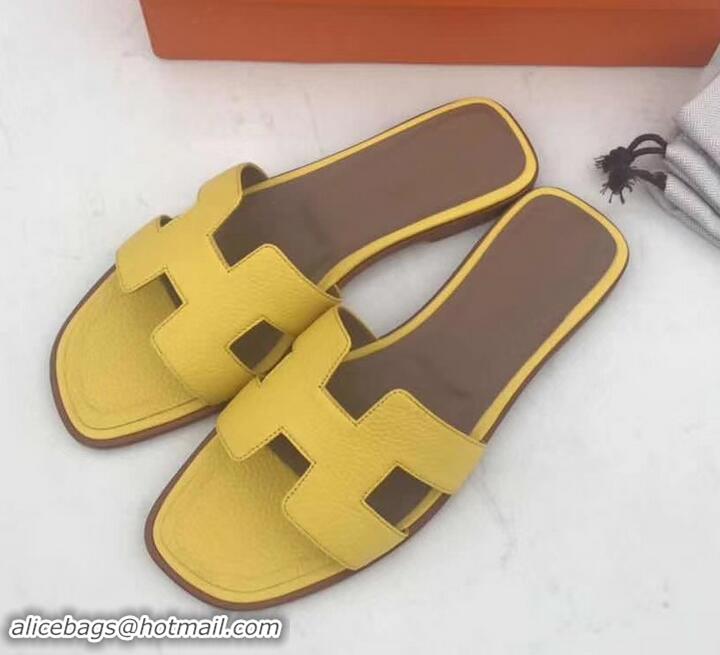 Good Quality Hermes Oran Flat Slipper Sandals in Togo Leather H701030 Yellow/Coffee