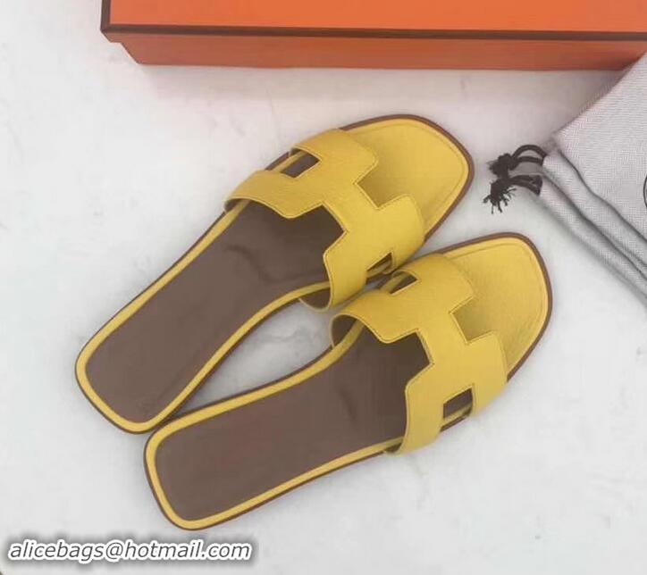 Good Quality Hermes Oran Flat Slipper Sandals in Togo Leather H701030 Yellow/Coffee