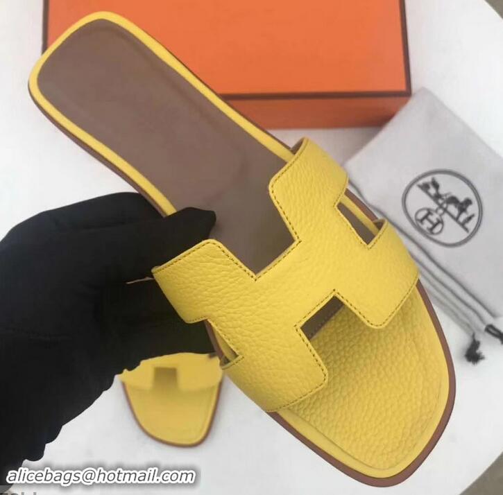 Good Quality Hermes Oran Flat Slipper Sandals in Togo Leather H701030 Yellow/Coffee