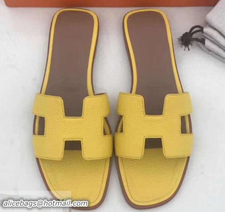 Good Quality Hermes Oran Flat Slipper Sandals in Togo Leather H701030 Yellow/Coffee