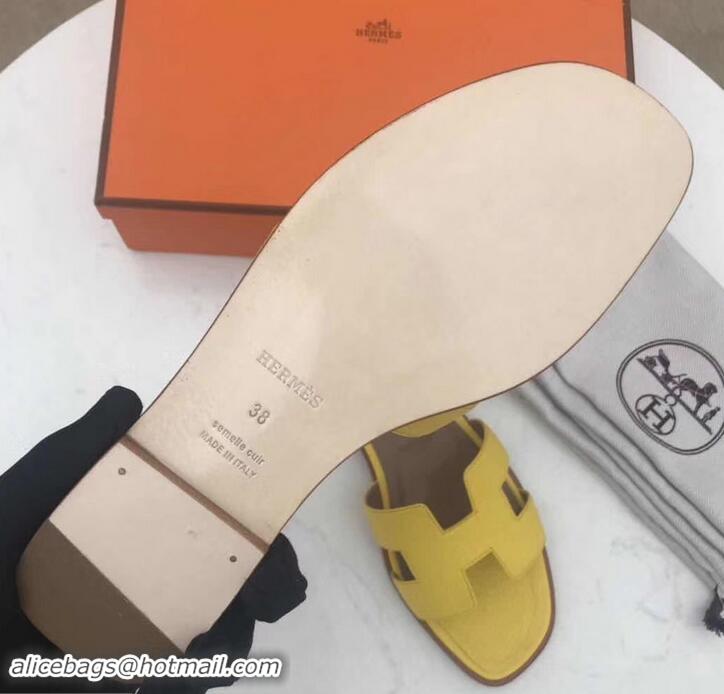 Good Quality Hermes Oran Flat Slipper Sandals in Togo Leather H701030 Yellow/Coffee