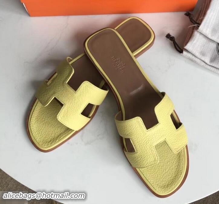 Classic Hermes Oran Flat Slipper Sandals in Togo Leather H701030 Light Yellow/Coffee