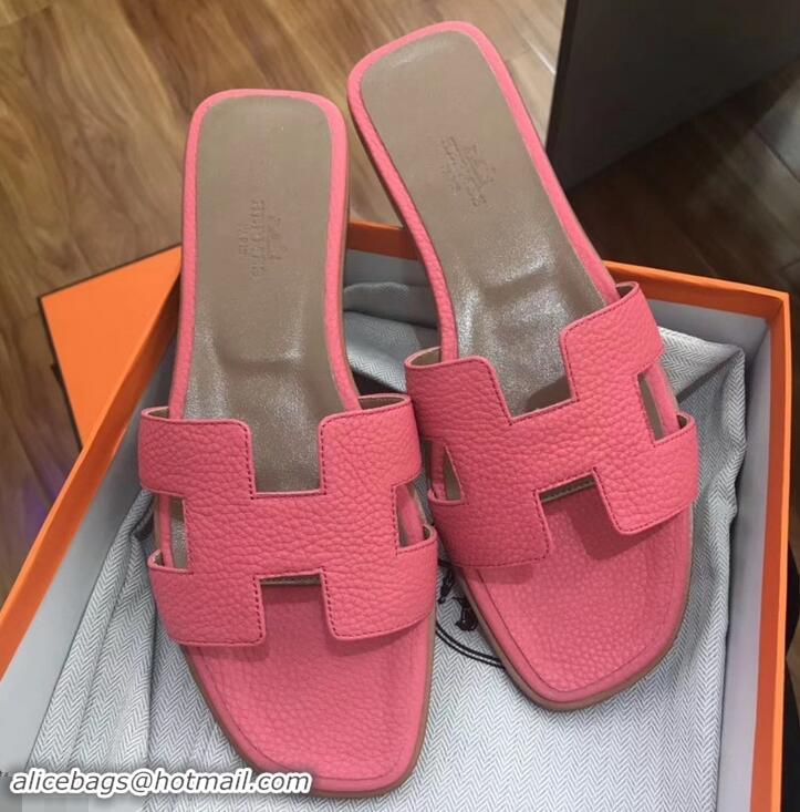 Luxury Classic Hermes Oran Flat Slipper Sandals in Togo Leather H701030 Dark Pink