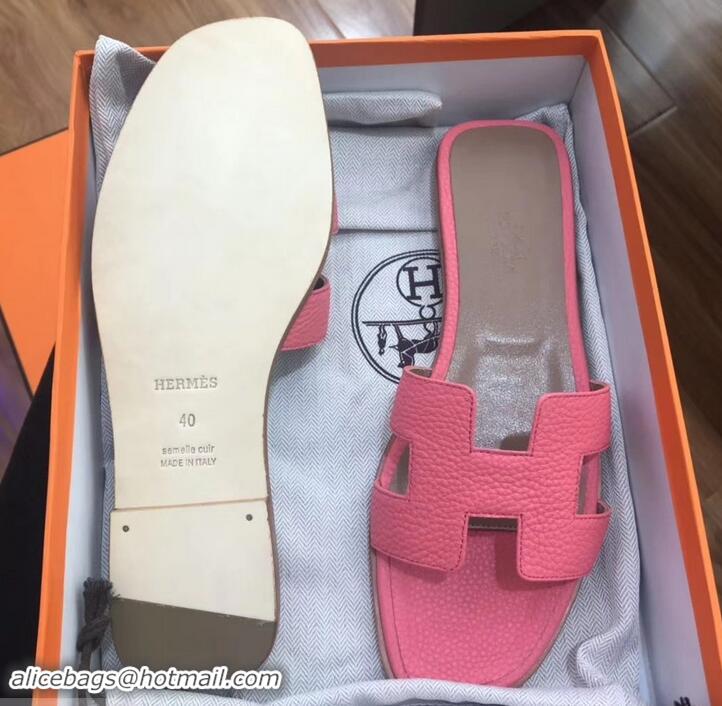 Luxury Classic Hermes Oran Flat Slipper Sandals in Togo Leather H701030 Dark Pink