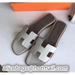 Best Price Hermes Oran Flat Slipper Sandals in Togo Leather H701030 Pale Gray