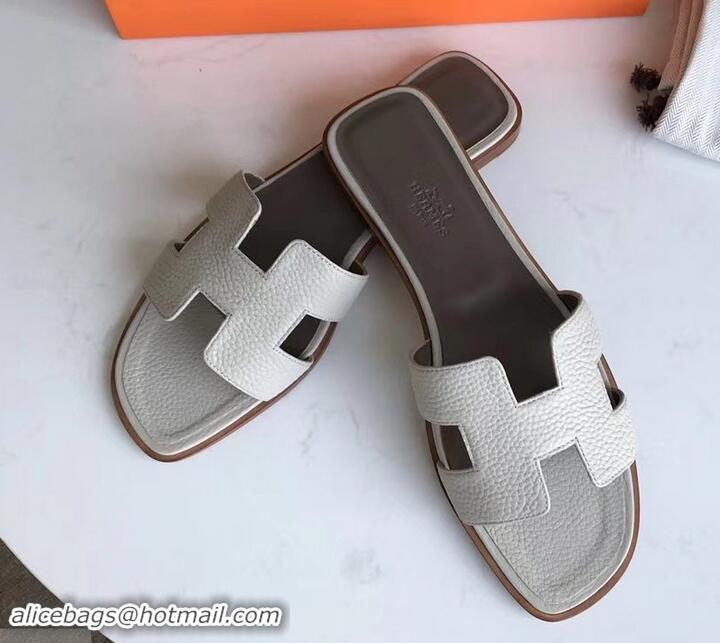 Best Price Hermes Oran Flat Slipper Sandals in Togo Leather H701030 Pale Gray