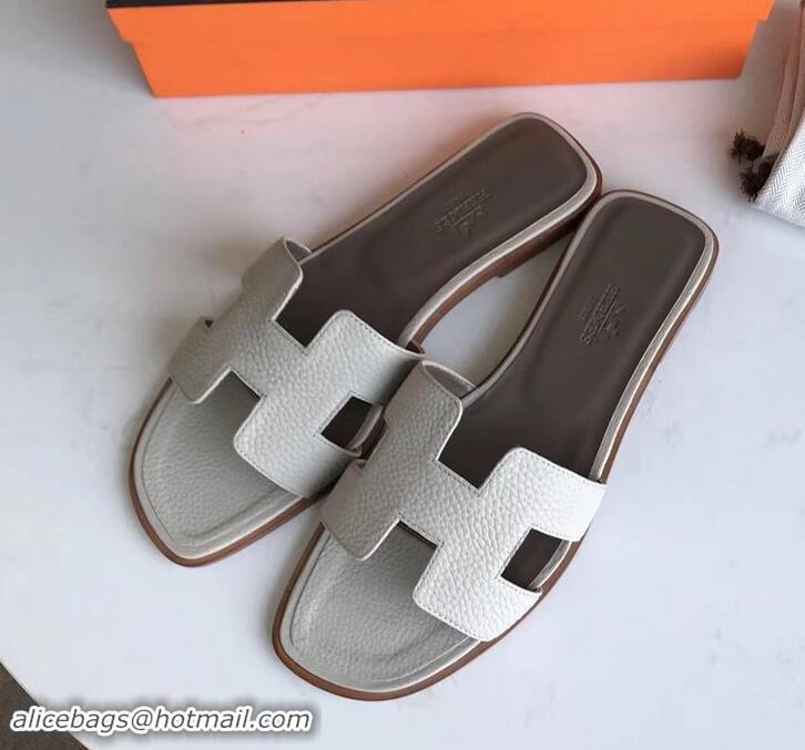 Best Price Hermes Oran Flat Slipper Sandals in Togo Leather H701030 Pale Gray