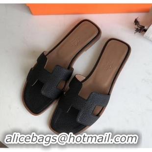 Grade Hermes Oran Flat Slipper Sandals in Togo Leather H701030 Black