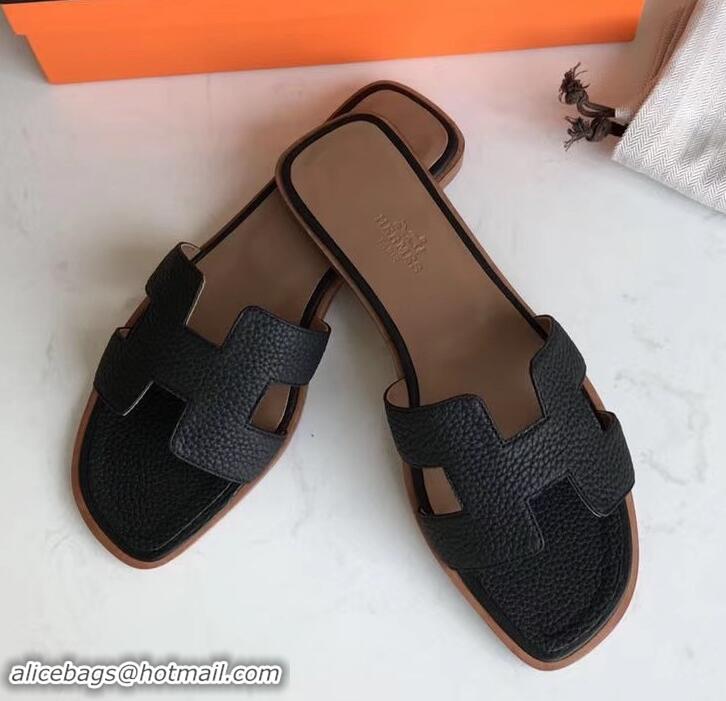 Grade Hermes Oran Flat Slipper Sandals in Togo Leather H701030 Black