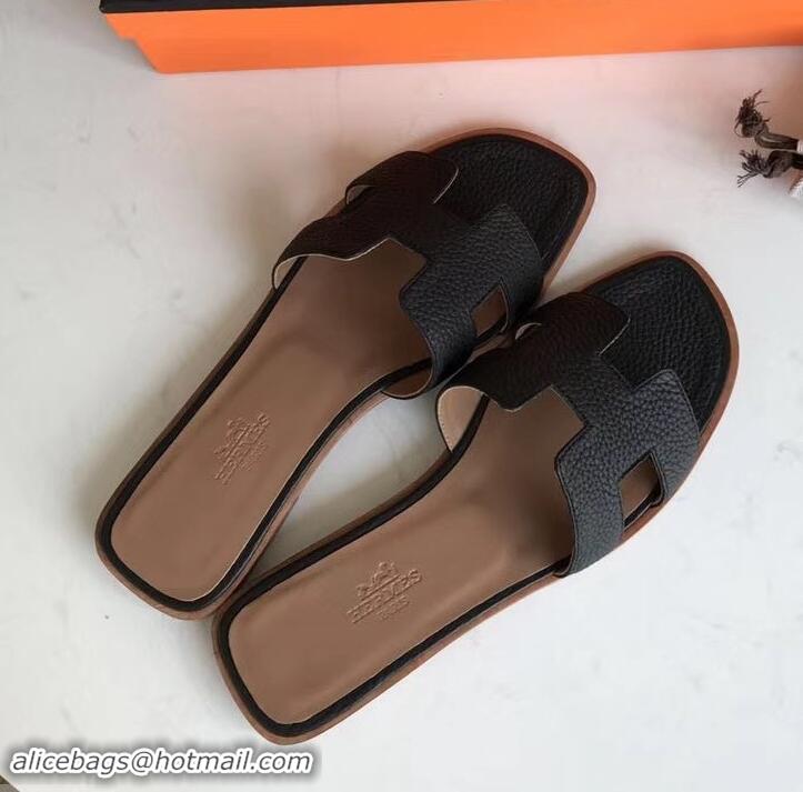 Grade Hermes Oran Flat Slipper Sandals in Togo Leather H701030 Black