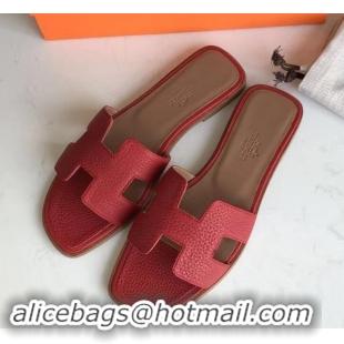 Luxury Style Hermes Oran Flat Slipper Sandals in Togo Leather H701030 Red