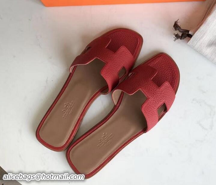 Luxury Style Hermes Oran Flat Slipper Sandals in Togo Leather H701030 Red