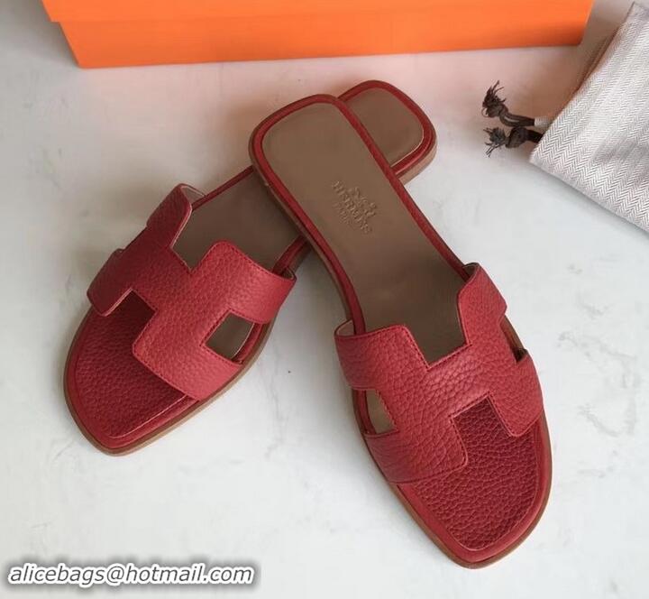 Luxury Style Hermes Oran Flat Slipper Sandals in Togo Leather H701030 Red