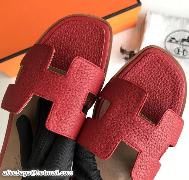 Luxury Style Hermes Oran Flat Slipper Sandals in Togo Leather H701030 Red