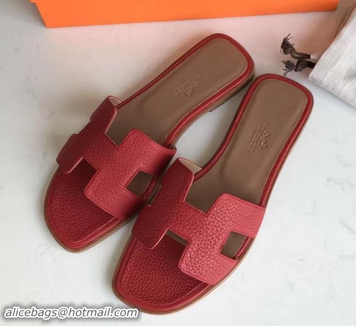 Luxury Style Hermes Oran Flat Slipper Sandals in Togo Leather H701030 Red