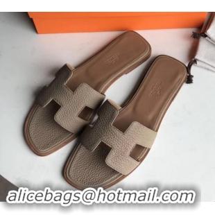 Discount Design Hermes Oran Flat Slipper Sandals in Togo Leather H701030 Light Camel/Brown