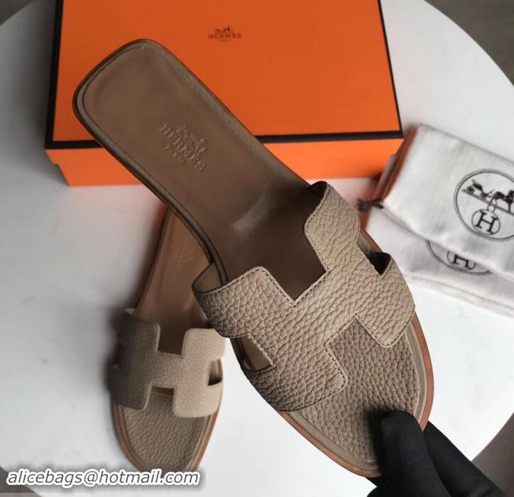 Discount Design Hermes Oran Flat Slipper Sandals in Togo Leather H701030 Light Camel/Brown