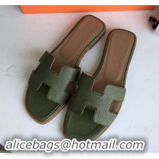 Promotion Hermes Oran Flat Slipper Sandals in Togo Leather H701030 Olive Green