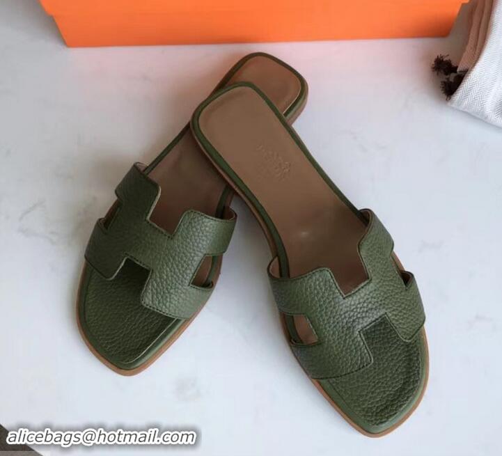 Promotion Hermes Oran Flat Slipper Sandals in Togo Leather H701030 Olive Green