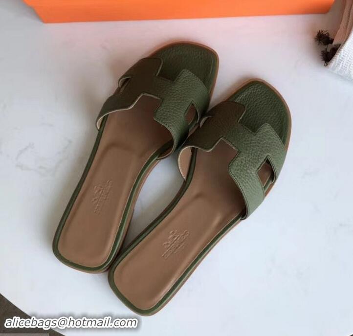 Promotion Hermes Oran Flat Slipper Sandals in Togo Leather H701030 Olive Green