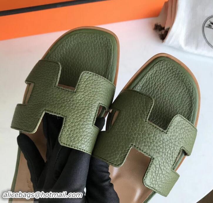 Promotion Hermes Oran Flat Slipper Sandals in Togo Leather H701030 Olive Green