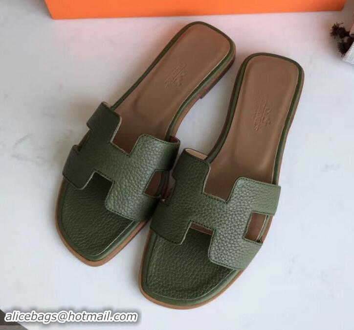 Promotion Hermes Oran Flat Slipper Sandals in Togo Leather H701030 Olive Green