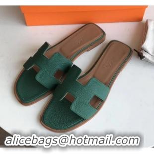 Best Quality Hermes Oran Flat Slipper Sandals in Togo Leather H701030 Green