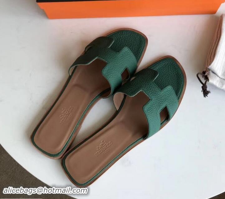 Best Quality Hermes Oran Flat Slipper Sandals in Togo Leather H701030 Green