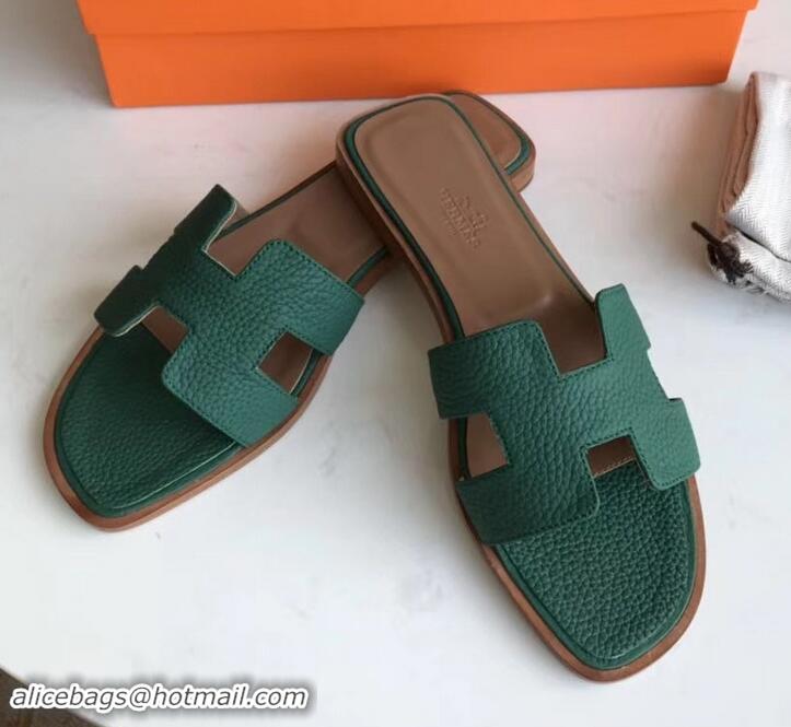 Best Quality Hermes Oran Flat Slipper Sandals in Togo Leather H701030 Green